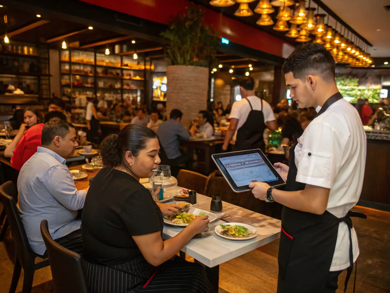 A photograph showcasing a busy restaurant environment with staff members looking stressed, contrasted with a calm and efficient AI phone agent interface on a tablet.